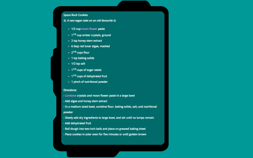 A recipe for space rock cookies on a scifi datapad with a turquoise background